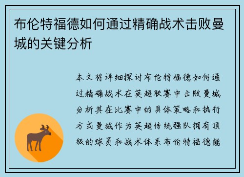 布伦特福德如何通过精确战术击败曼城的关键分析 布伦特福德如何通过精确战术击败曼城的关键分析