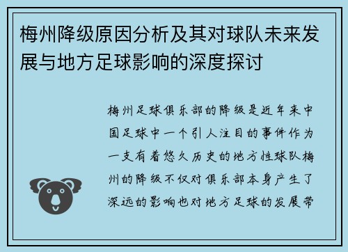 梅州降级原因分析及其对球队未来发展与地方足球影响的深度探讨